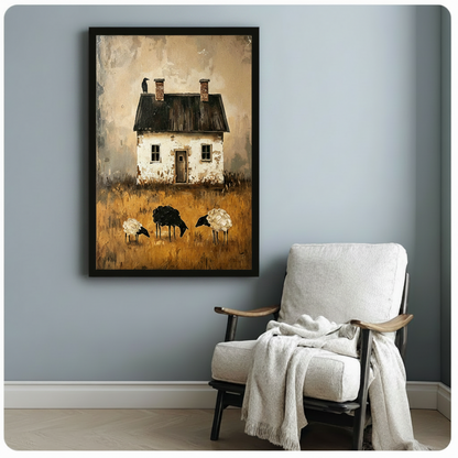 Rustic farmhouse with black sheep framed canvas wall art black frame on light blue-gray wall beside white linen armchair with throw blanket