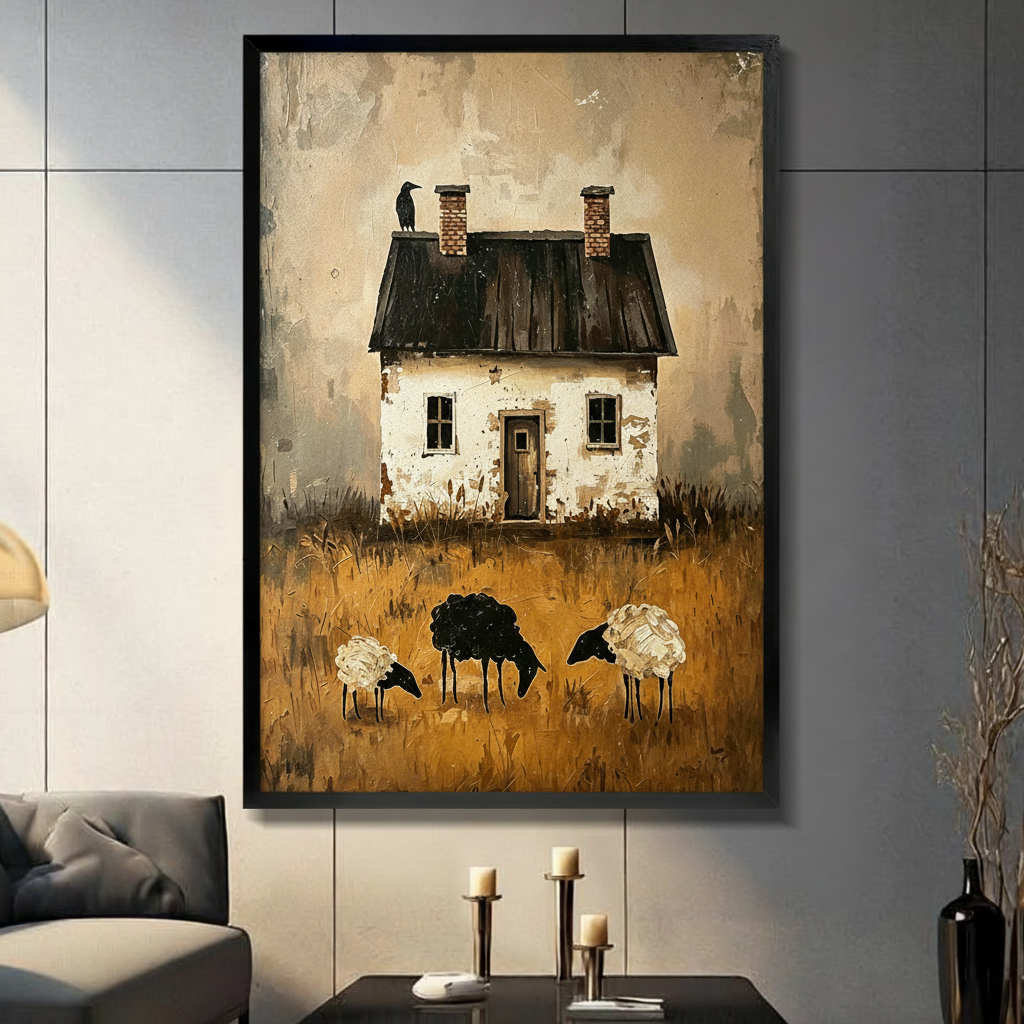 Rustic farmhouse with black sheep framed canvas wall art black frame on gray panel wall above candlestick table in modern living room