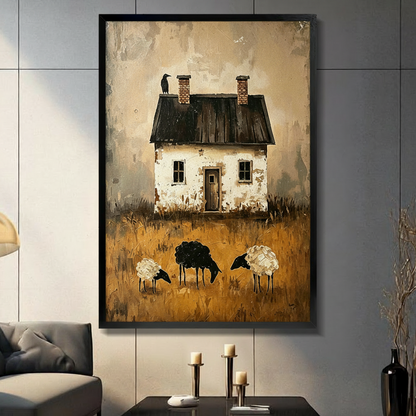 Rustic farmhouse with black sheep framed canvas wall art black frame on gray panel wall above candlestick table in modern living room