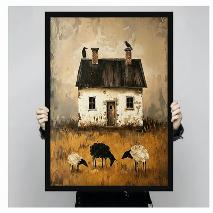 Person holding rustic farmhouse with black sheep and ravens framed canvas wall art size reference vintage oil painting black frame