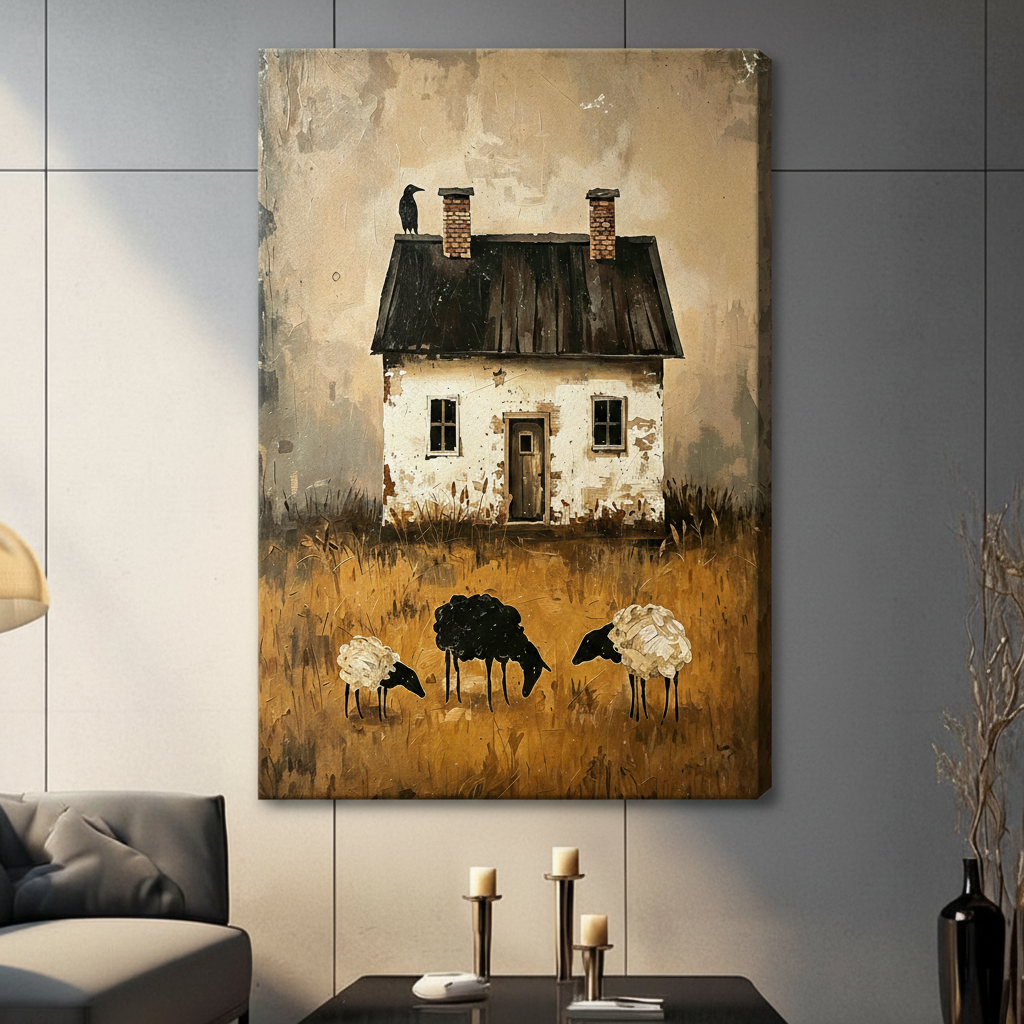 Rustic farmhouse with black sheep stretched canvas gallery wrap on gray panel wall above candlestick table in modern living room