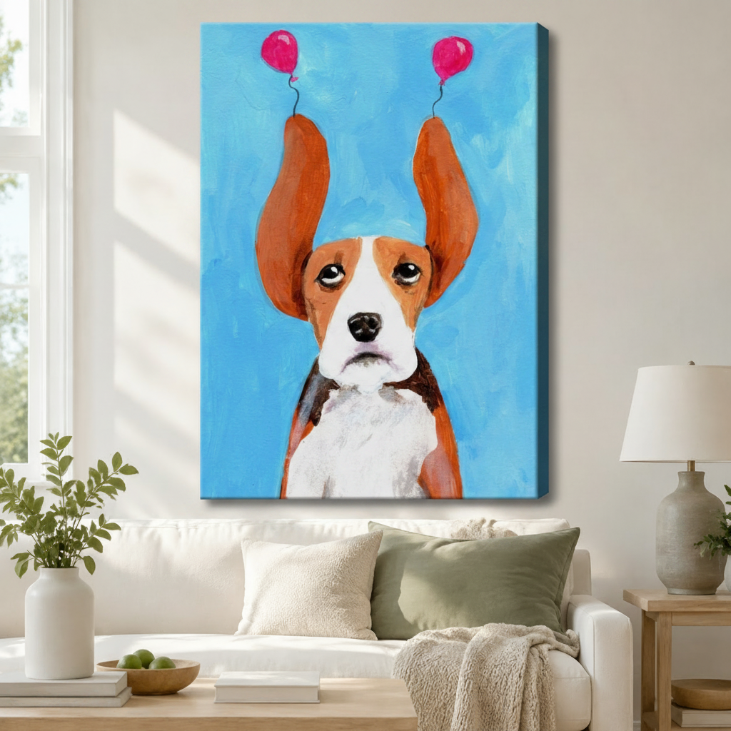 Canvas wall art of a sad beagle with pink balloon ears hung above a white sofa in a cozy living room setting