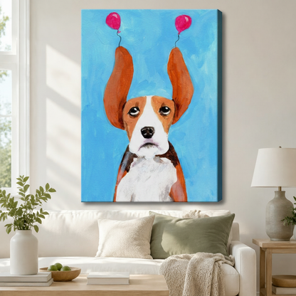 Canvas wall art of a sad beagle with pink balloon ears hung above a white sofa in a cozy living room setting