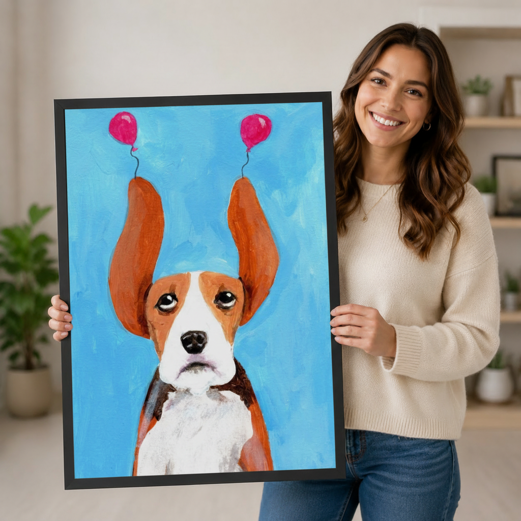 Smiling woman holding a large framed beagle dog art print with pink balloon ears, showing print size and frame quality