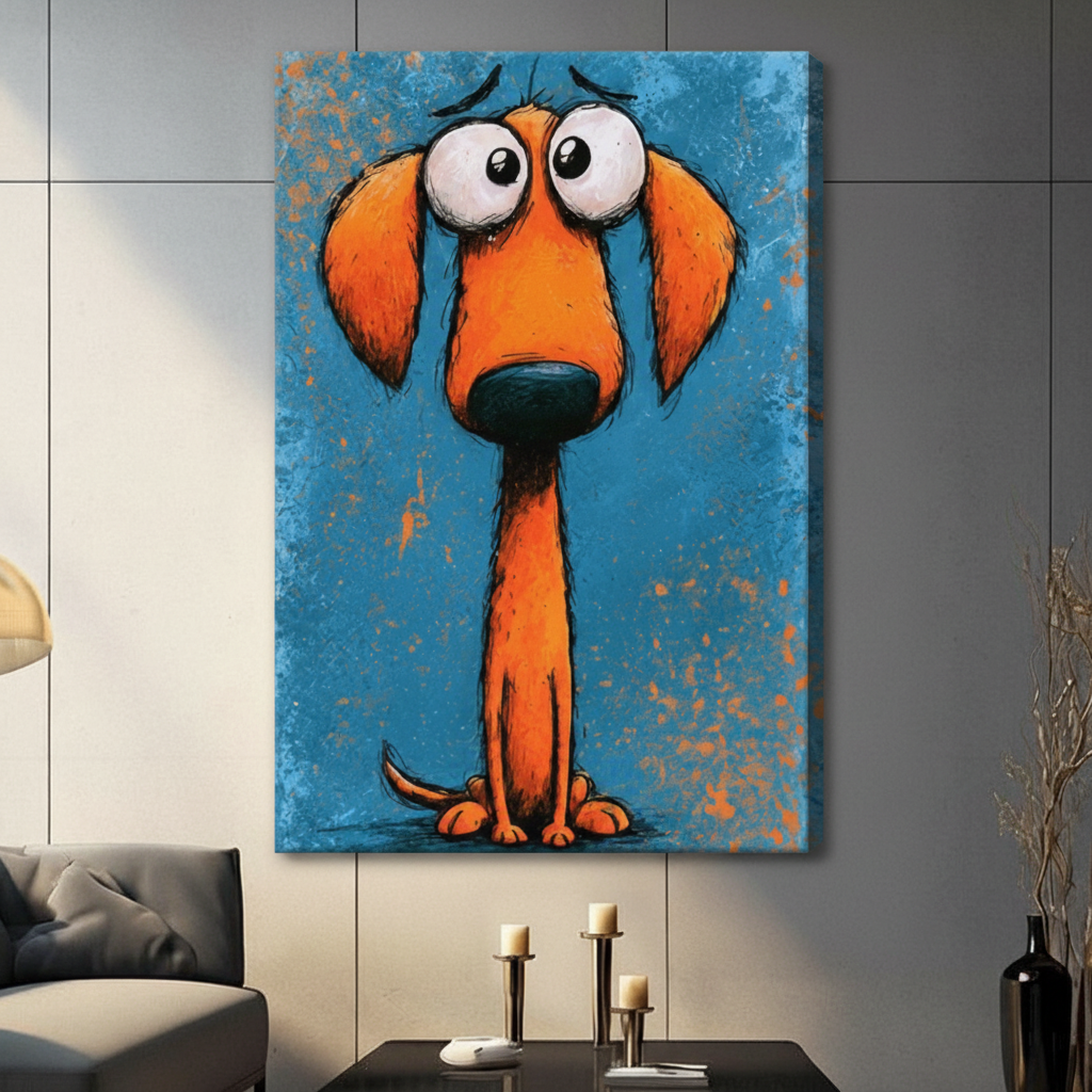 Gallery wrap stretched canvas of a whimsical orange long-neck dachshund with big sad eyes on a teal grunge background hung frameless on a dark gray wall above candlestick holders and black vase