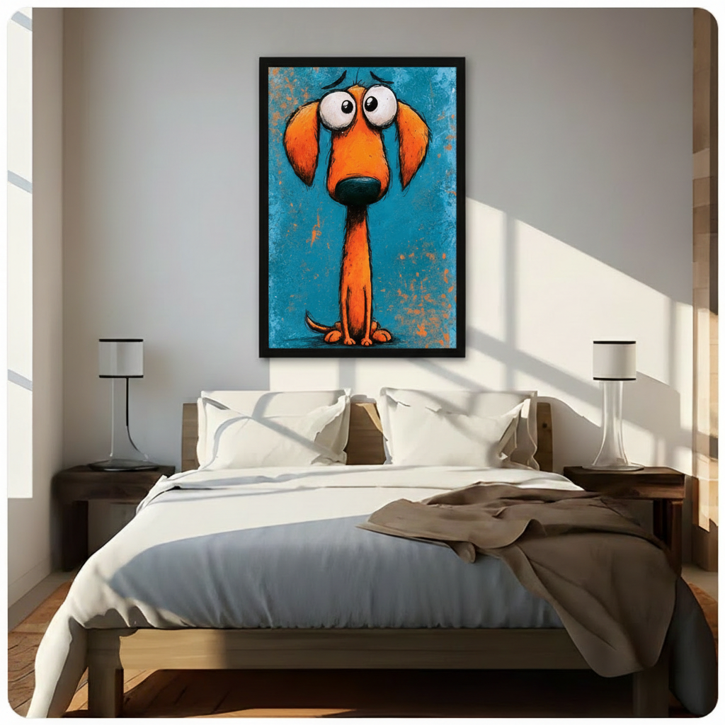 Black framed humorous orange dachshund with oversized sad eyes canvas wall art hung above a dark wood bed with white linen bedding in a sunlit neutral bedroom with warm diagonal light and white table lamps