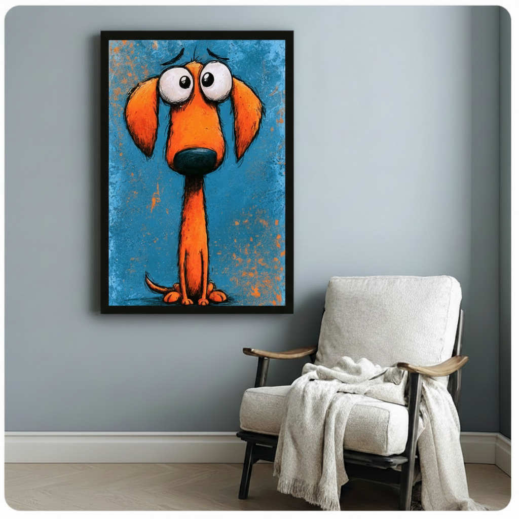 Black framed quirky orange dachshund dog graffiti style canvas print with teal blue background hung on a soft blue-gray wall beside a white linen wood armchair with a cream knit throw blanket