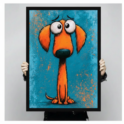 Hands in black sleeves holding a large black framed funny sad orange dachshund pop art canvas print against a neutral gray background, front-facing vertical product size reference display
