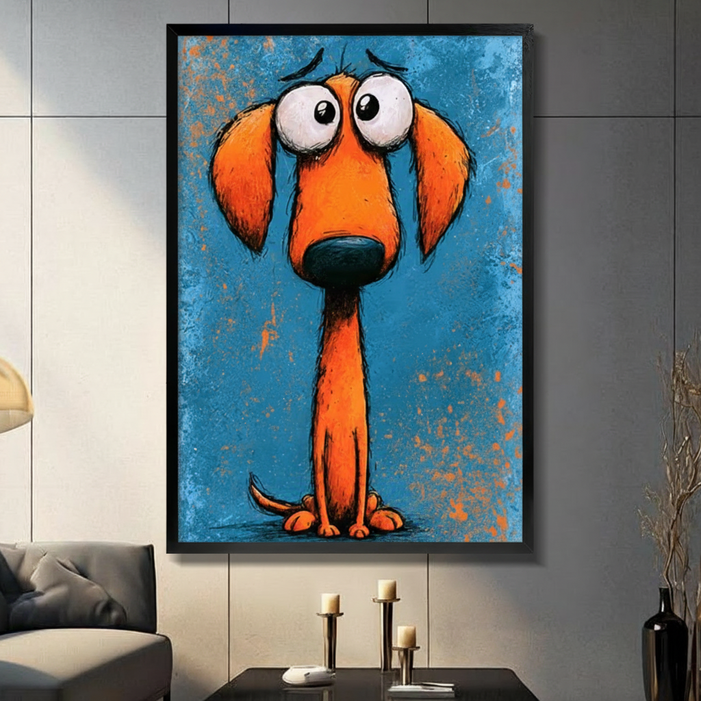 Black framed funny sad orange dachshund pop art canvas wall art with teal blue textured background displayed in a modern dark gray living room with candlestick holders and tall black vase