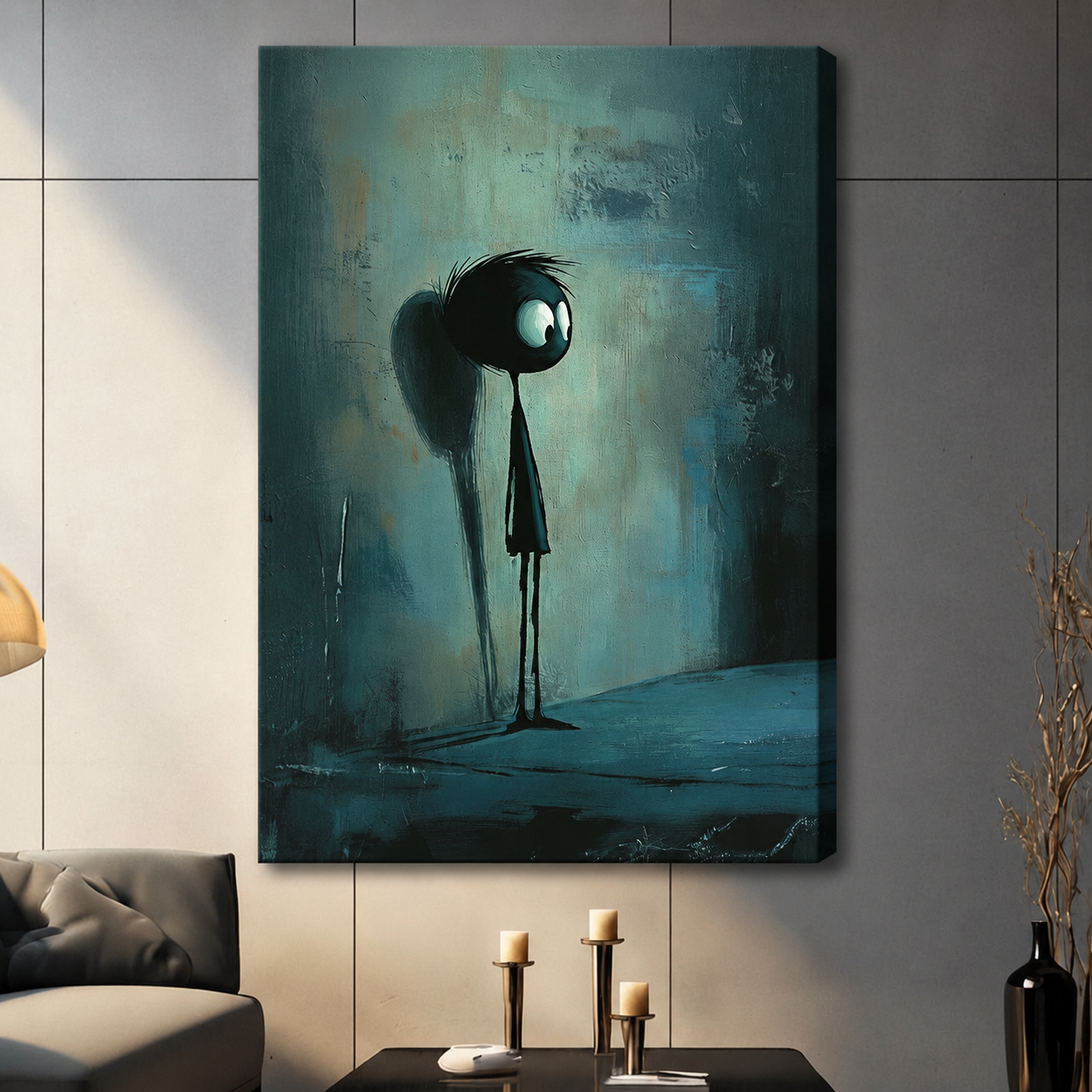 Unframed canvas print of a sad drooping stick figure character on a dark teal textured background in a contemporary grey living room