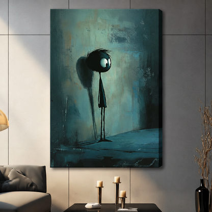 Unframed canvas print of a sad drooping stick figure character on a dark teal textured background in a contemporary grey living room