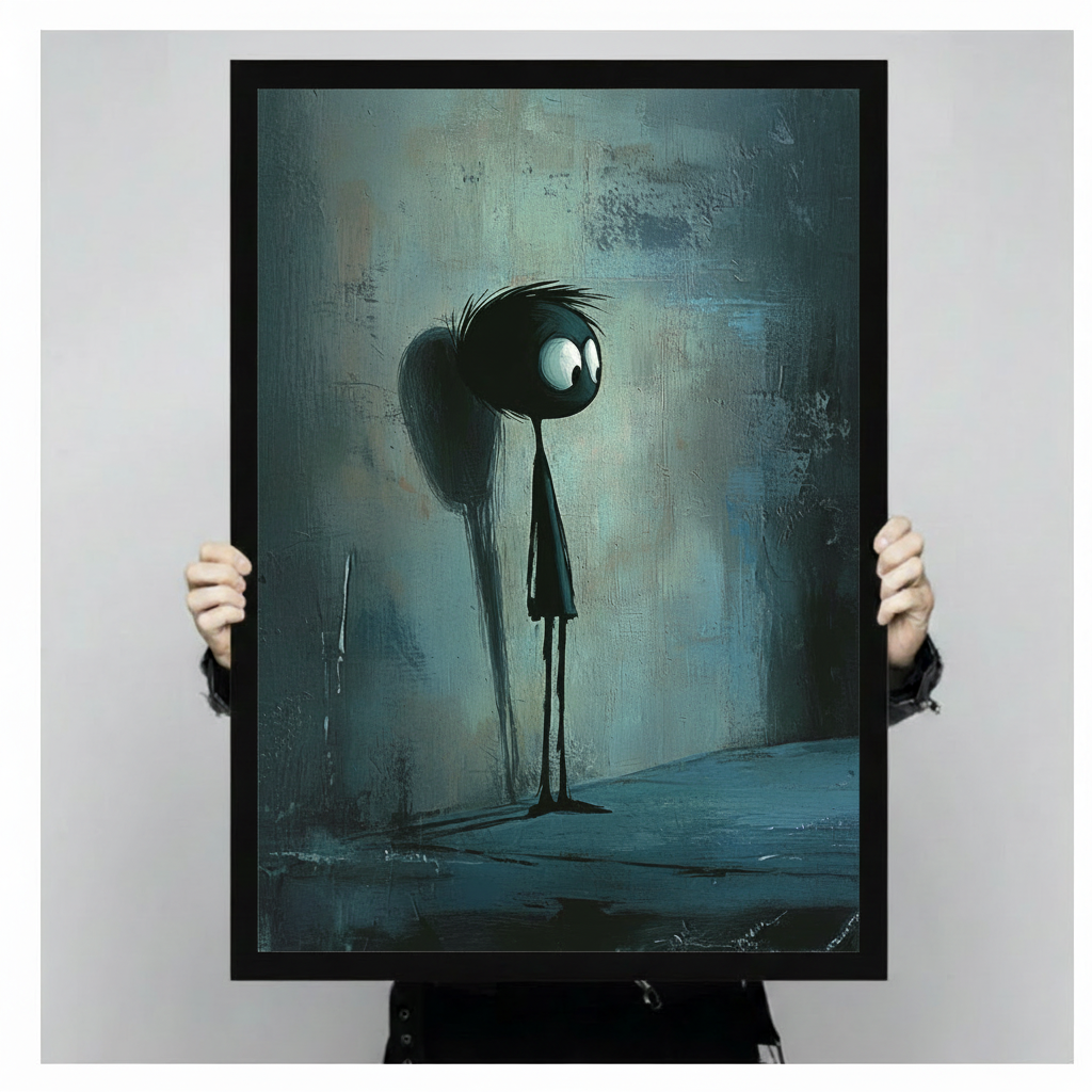 Person holding a large black framed sad stick figure with oversized eyes art print showing print size scale and painterly teal texture detail