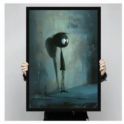 Person holding a large black framed sad stick figure with oversized eyes art print showing print size scale and painterly teal texture detail