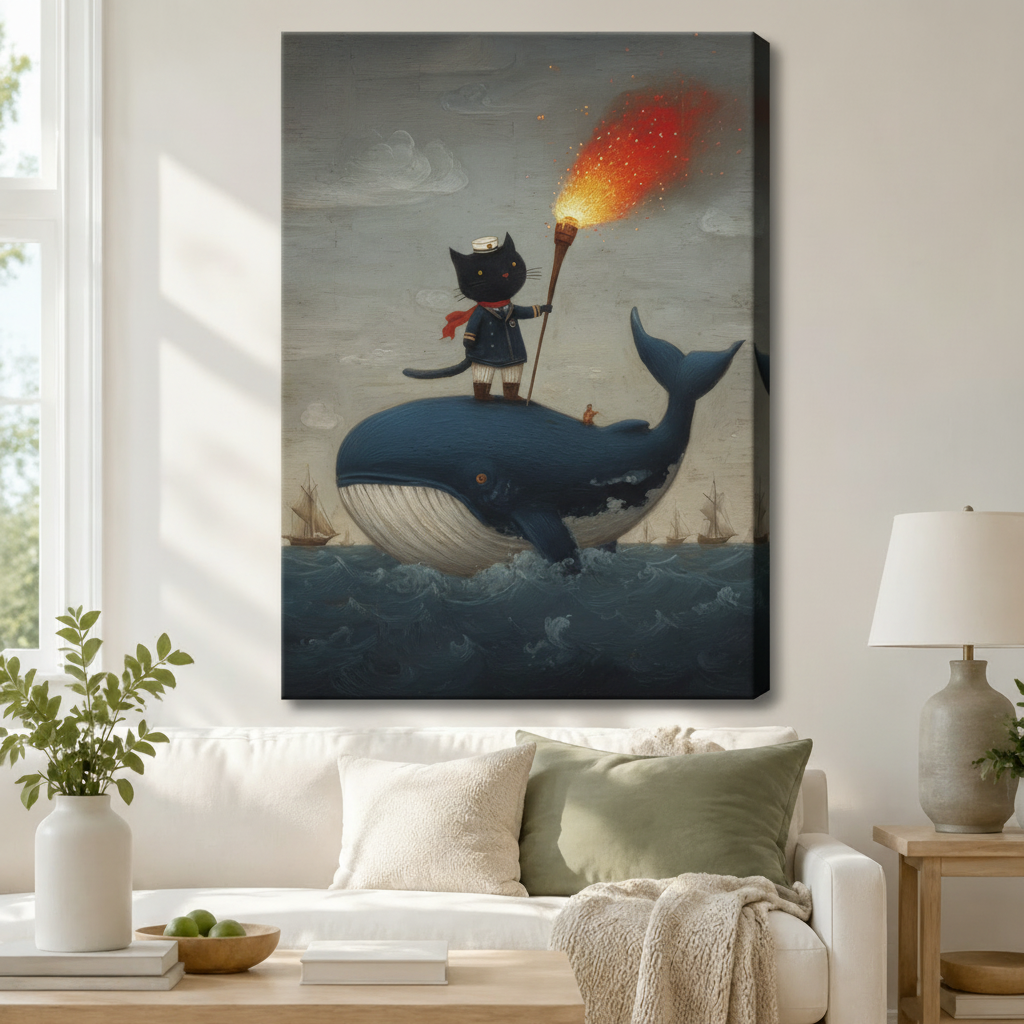 Whimsical black cat sailor holding a flaming torch on a blue whale, stretched canvas wall art above a white sofa with sage green cushions, potted greenery, and a ceramic table lamp