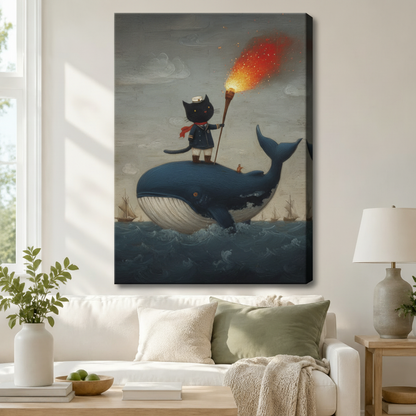 Whimsical black cat sailor holding a flaming torch on a blue whale, stretched canvas wall art above a white sofa with sage green cushions, potted greenery, and a ceramic table lamp