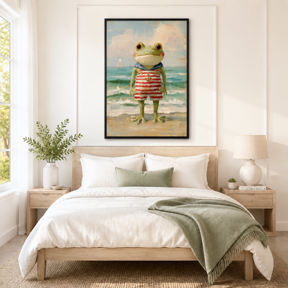 Vintage-style sailor frog standing on sandy beach oil painting in black frame hung above neutral linen bed in coastal bedroom