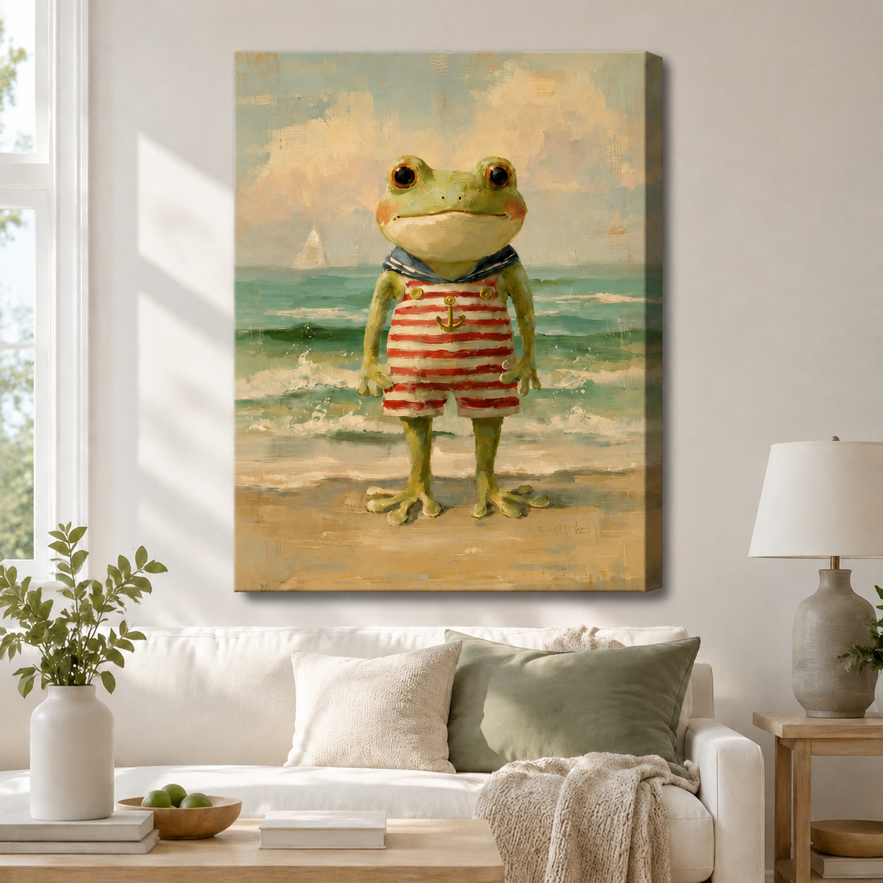 Whimsical sailor frog beach oil painting on gallery wrap canvas hung above white sofa in coastal cottagecore living room