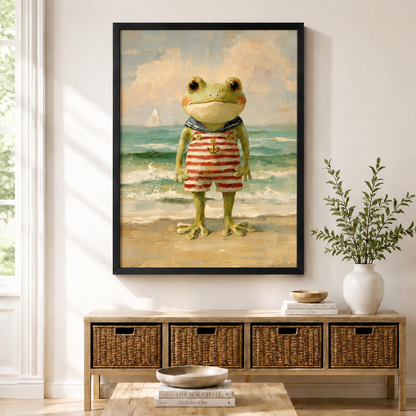Vintage oil painting of a sailor frog in red striped swimsuit standing on beach, displayed as black framed print above entryway console table