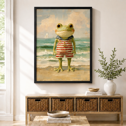 Vintage oil painting of a sailor frog in red striped swimsuit standing on beach, displayed as black framed print above entryway console table
