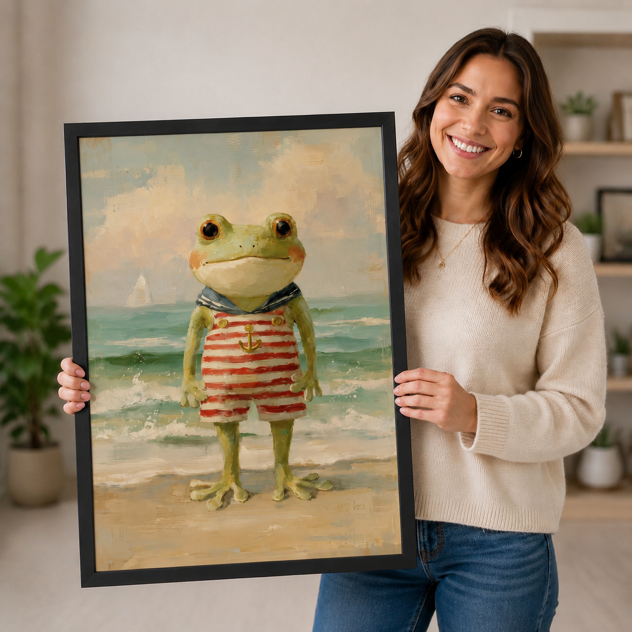 Woman holding large black framed canvas print of vintage sailor frog beach oil painting, cottagecore whimsical wall art