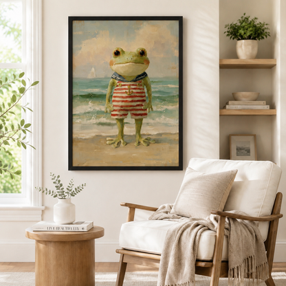 Cute frog in vintage sailor outfit beach painting in black frame displayed above wooden armchair in bright Scandinavian reading nook