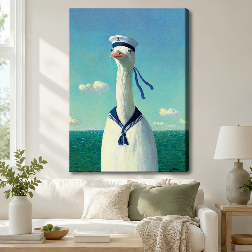 Gallery-wrapped canvas of a white goose in sailor uniform hung above a white linen sofa in a coastal living room