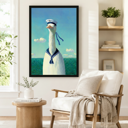 Black-framed sailor goose print styled above a wooden armchair in a serene Scandinavian-inspired reading nook