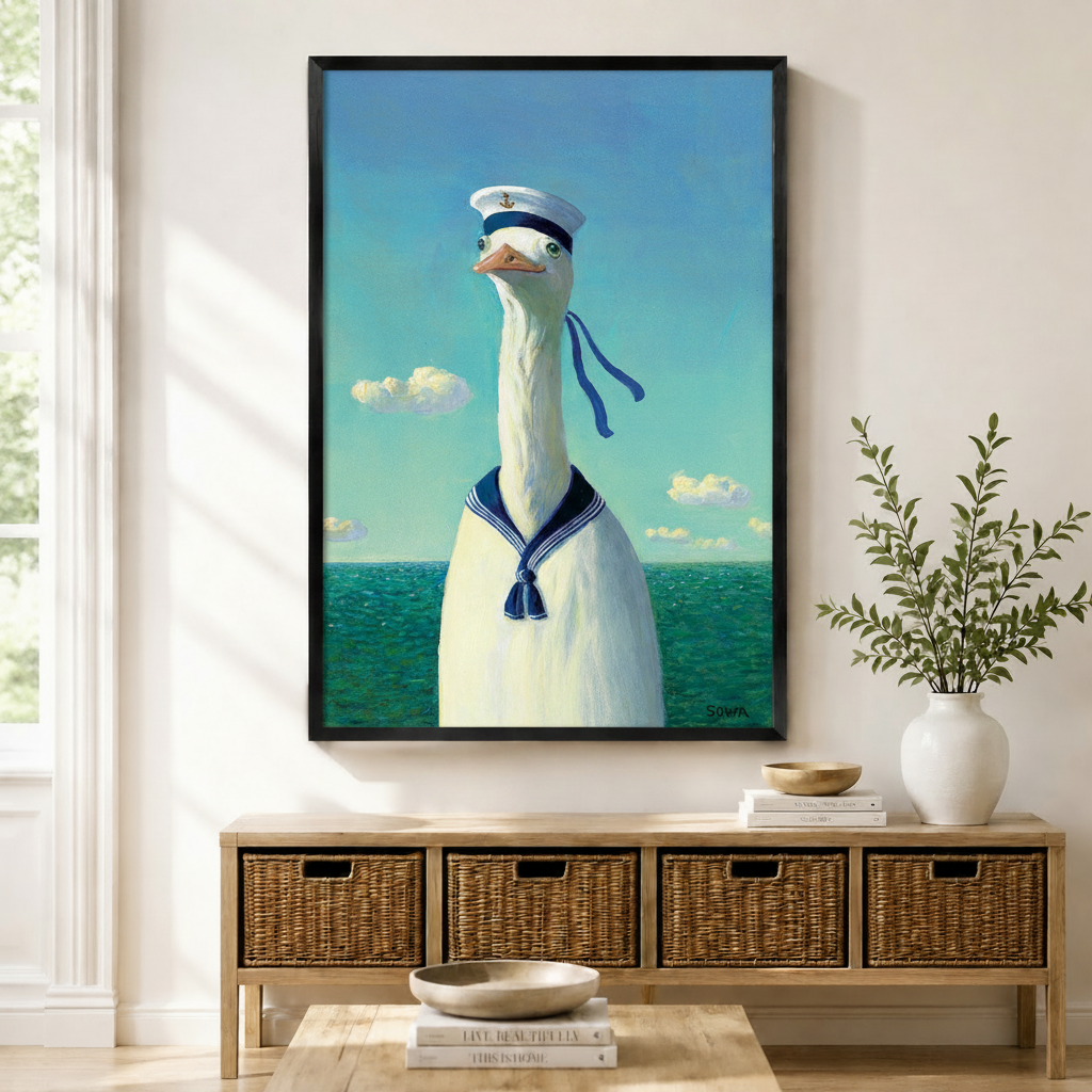 Framed sailor goose wall art print displayed above a rattan storage console in a bright coastal entryway