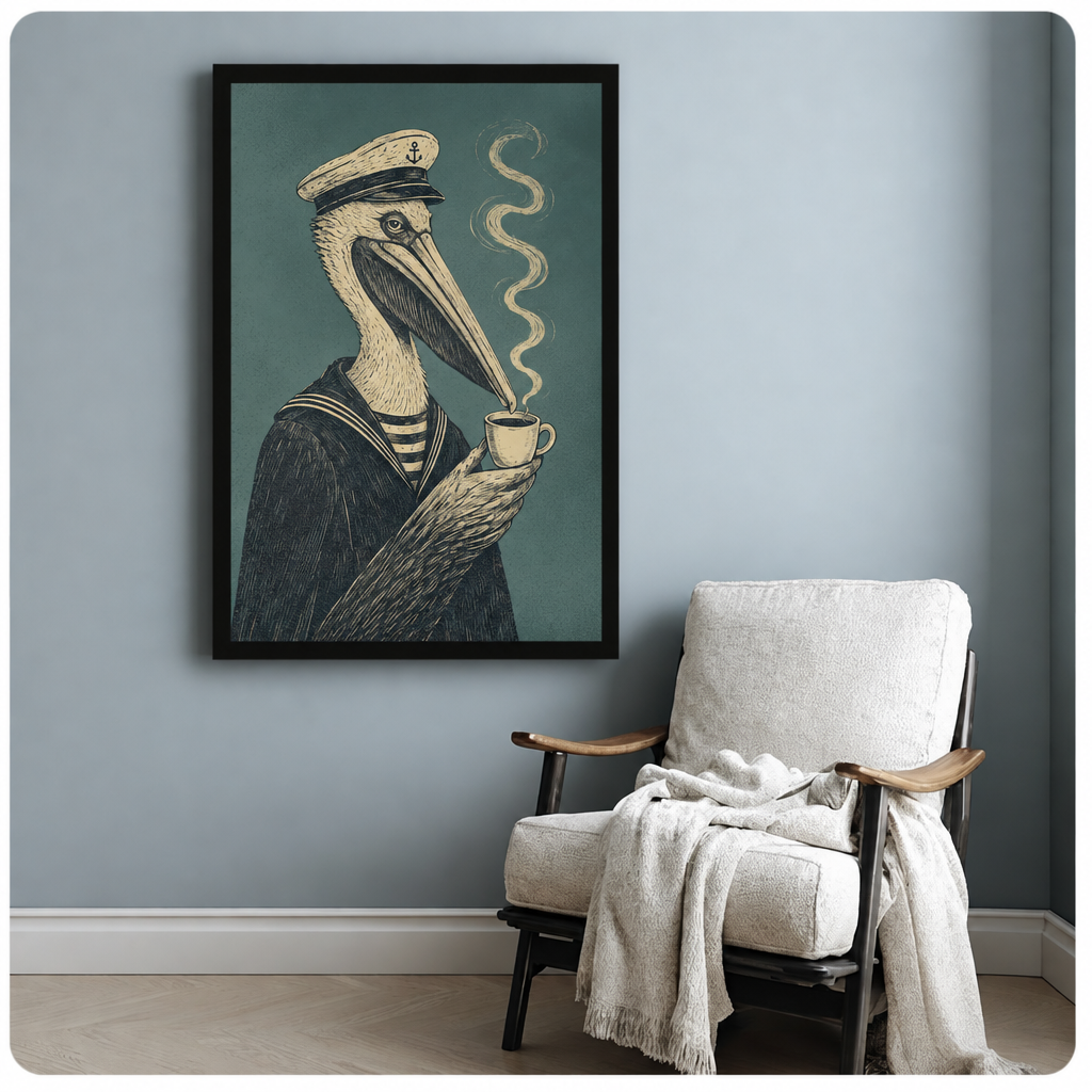 Sailor pelican canvas wall art beside a white armchair, depicting a long-beaked bird in nautical attire holding a cup