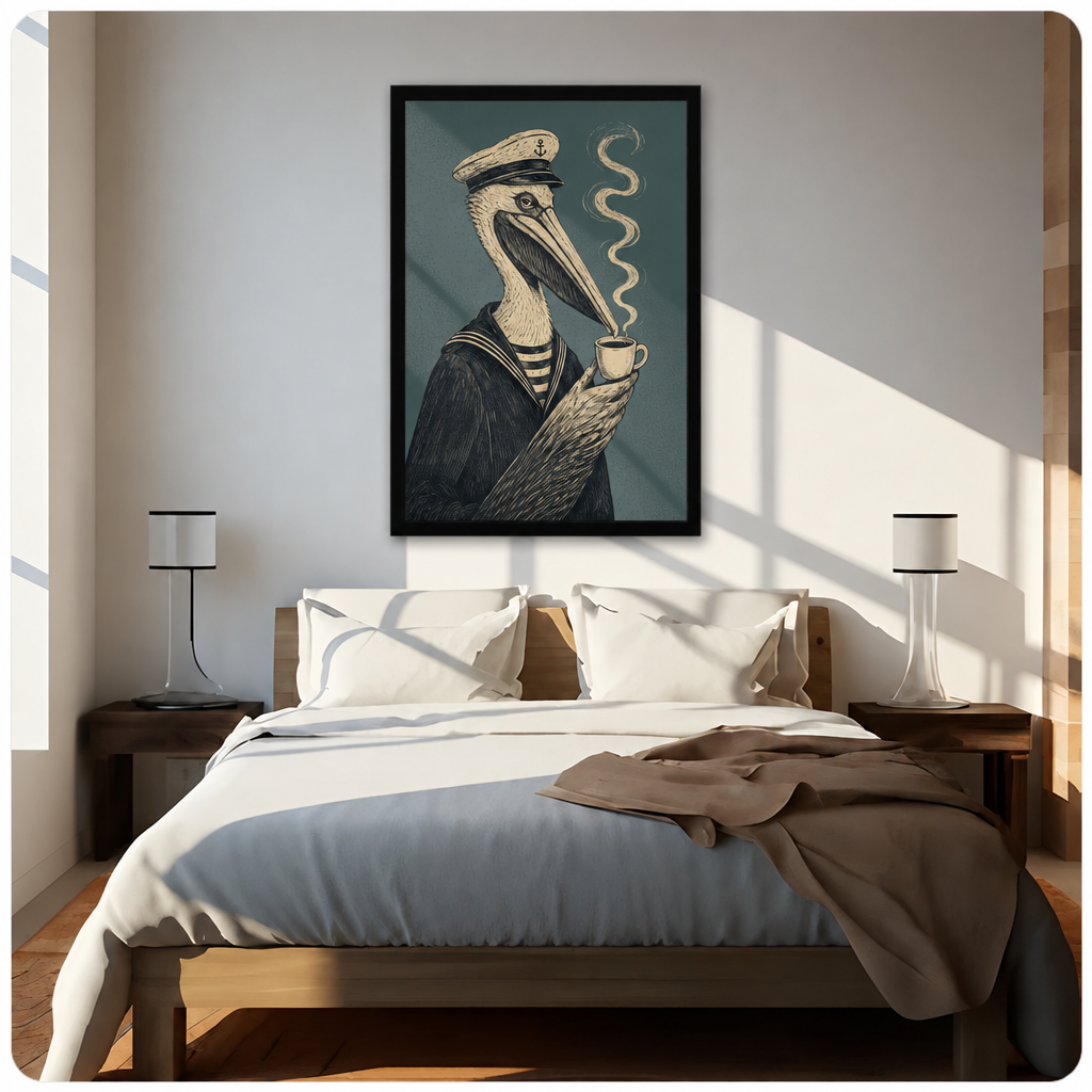 Sailor pelican canvas wall art above a bed, showing a pelican in a navy uniform holding a steaming drink against muted teal