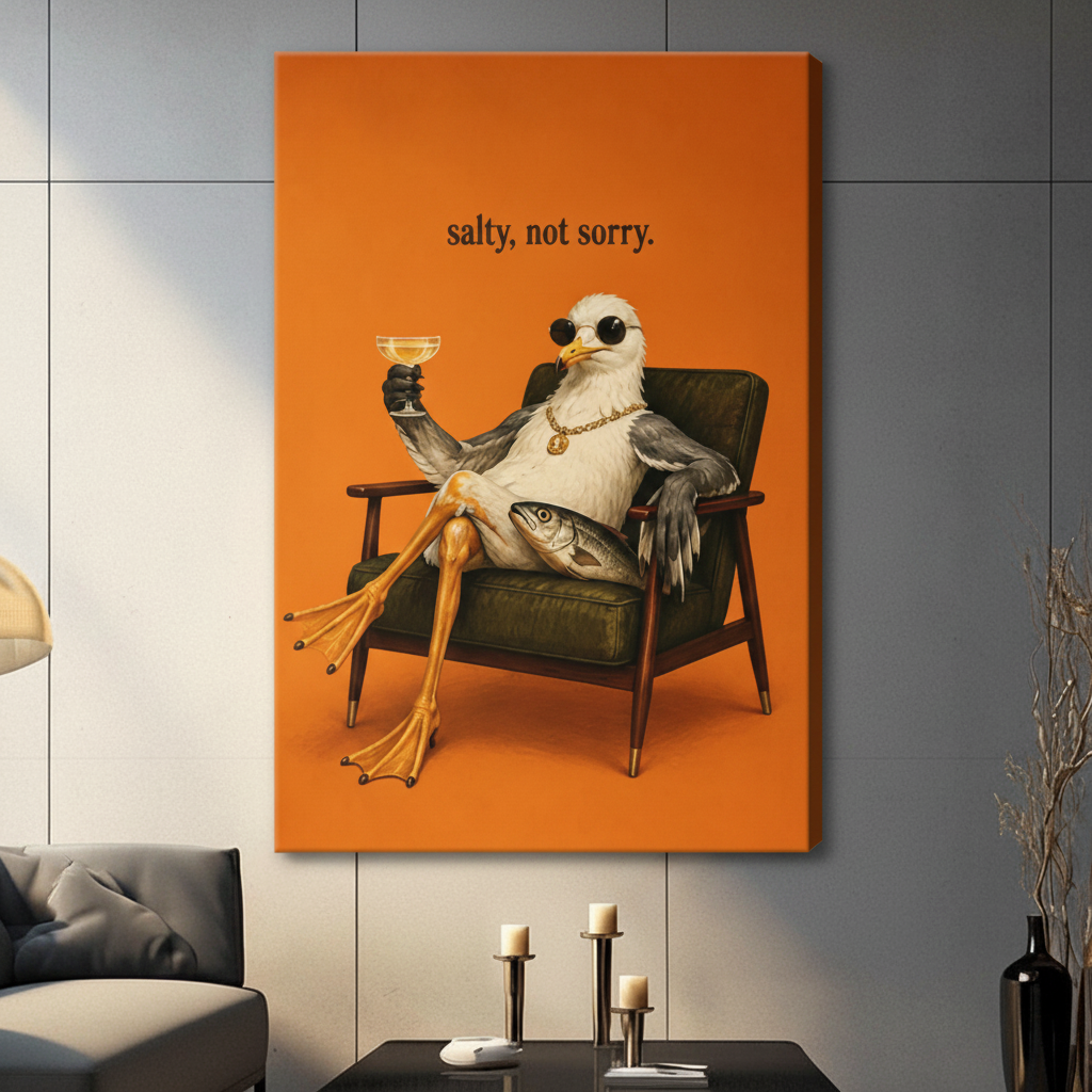 Humorous seagull canvas print on orange background, cool bird with gold chain and martini glass lounging in armchair, hung in moody living room with candle decor