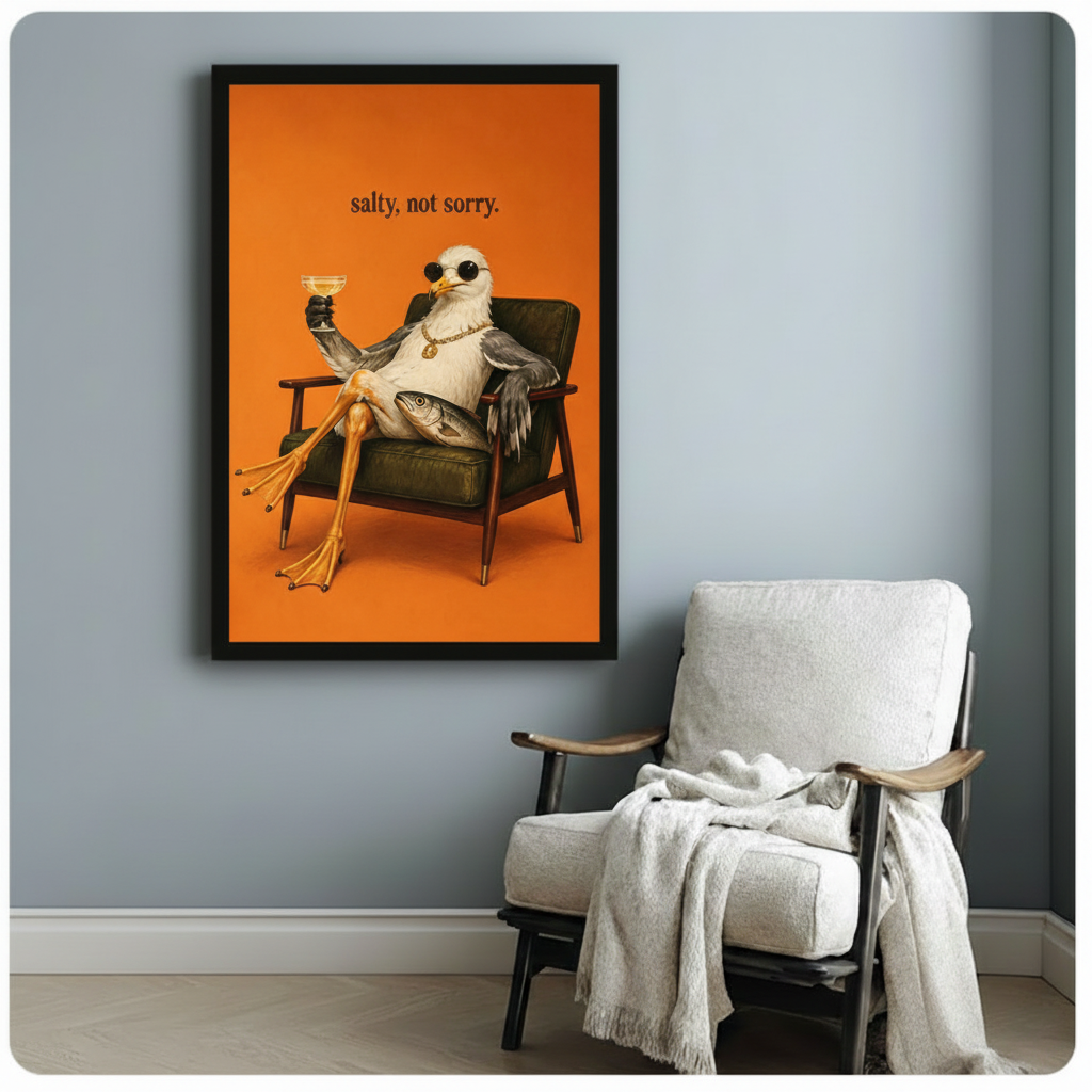 Salty not sorry funny bird framed art print on light gray wall above white linen armchair with throw blanket, quirky seagull with sunglasses and cocktail wall decor