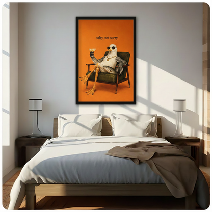 Funny seagull framed wall art above bed with white linen bedding and wooden nightstands, salty not sorry orange print adding humor to modern bedroom decor