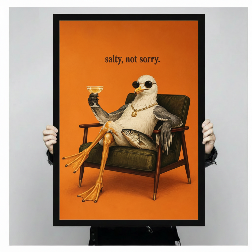 Black framed funny seagull art print held against gray background, bold orange poster featuring anthropomorphic bird with gold chain, fish, and martini glass