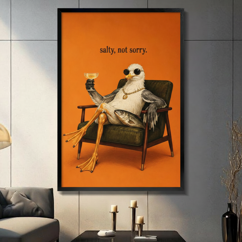 Funny seagull wall art in black frame with text salty not sorry, anthropomorphic bird in sunglasses holding cocktail, displayed in dark living room with gray sofa and candlesticks