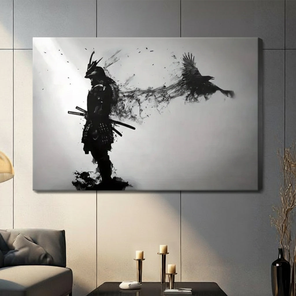 Frameless gallery wrap samurai and crow ink splash canvas on gray tile wall, black white Japanese warrior stretched canvas art