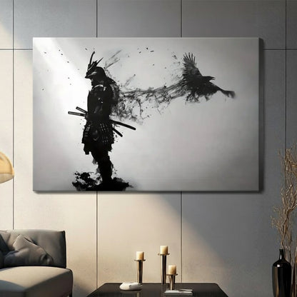 Frameless gallery wrap samurai and crow ink splash canvas on gray tile wall, black white Japanese warrior stretched canvas art