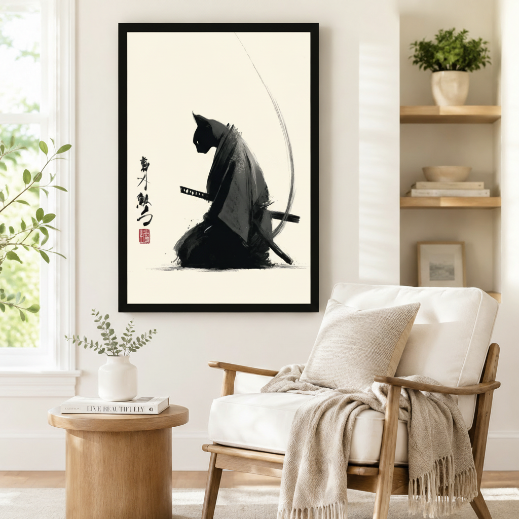 Black framed Japanese sumi-e samurai cat kimono and sword ink illustration hanging beside linen armchair in serene minimalist reading corner