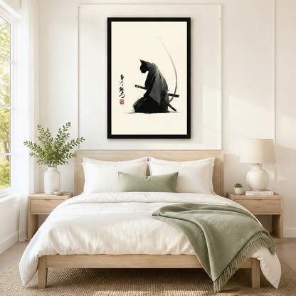 Black framed Japanese sumi-e samurai cat with katana minimalist ink wall art print centered above bed as zen statement decor in Scandinavian bedroom