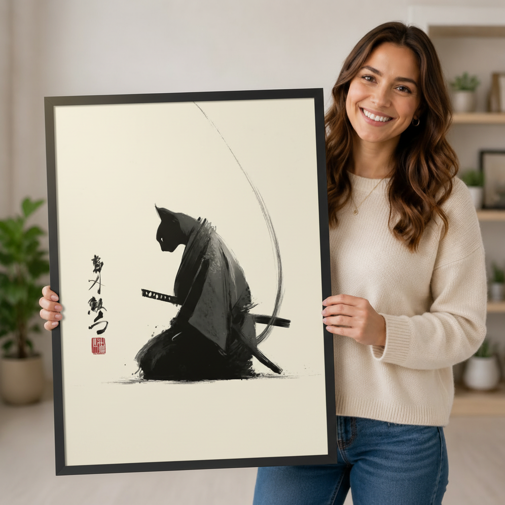 Smiling woman holding large black framed Japanese samurai cat ink wash art print showing artwork size and scale