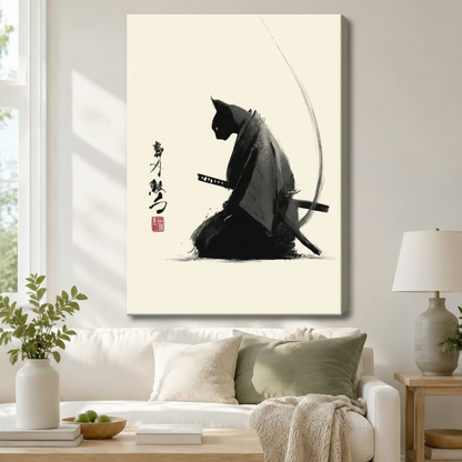 Gallery wrapped canvas of Japanese ink wash samurai cat with katana and calligraphy displayed above white sofa in bright Japandi living room