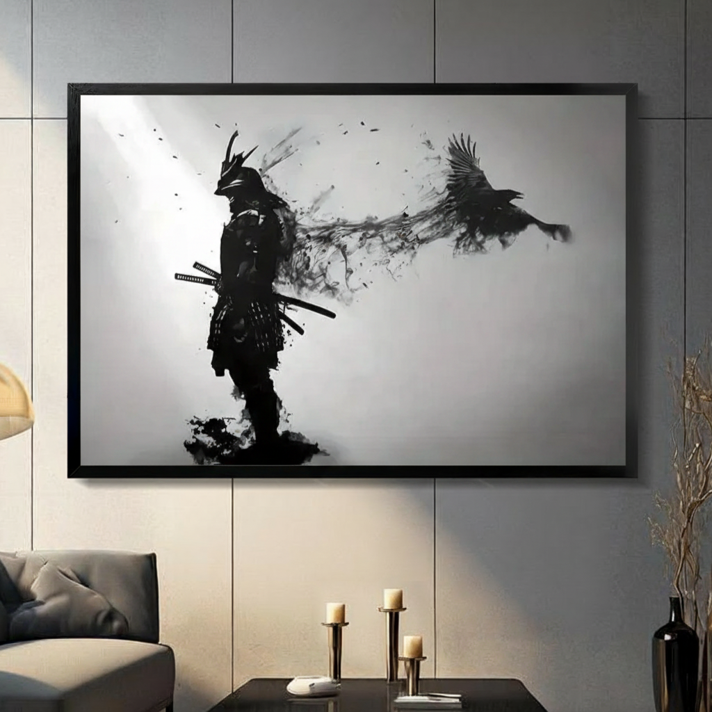 Bold black and white samurai crow ink splash canvas in black frame on gray panel wall, dark aesthetic living room art