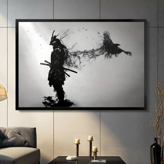 Bold black and white samurai crow ink splash canvas in black frame on gray panel wall, dark aesthetic living room art
