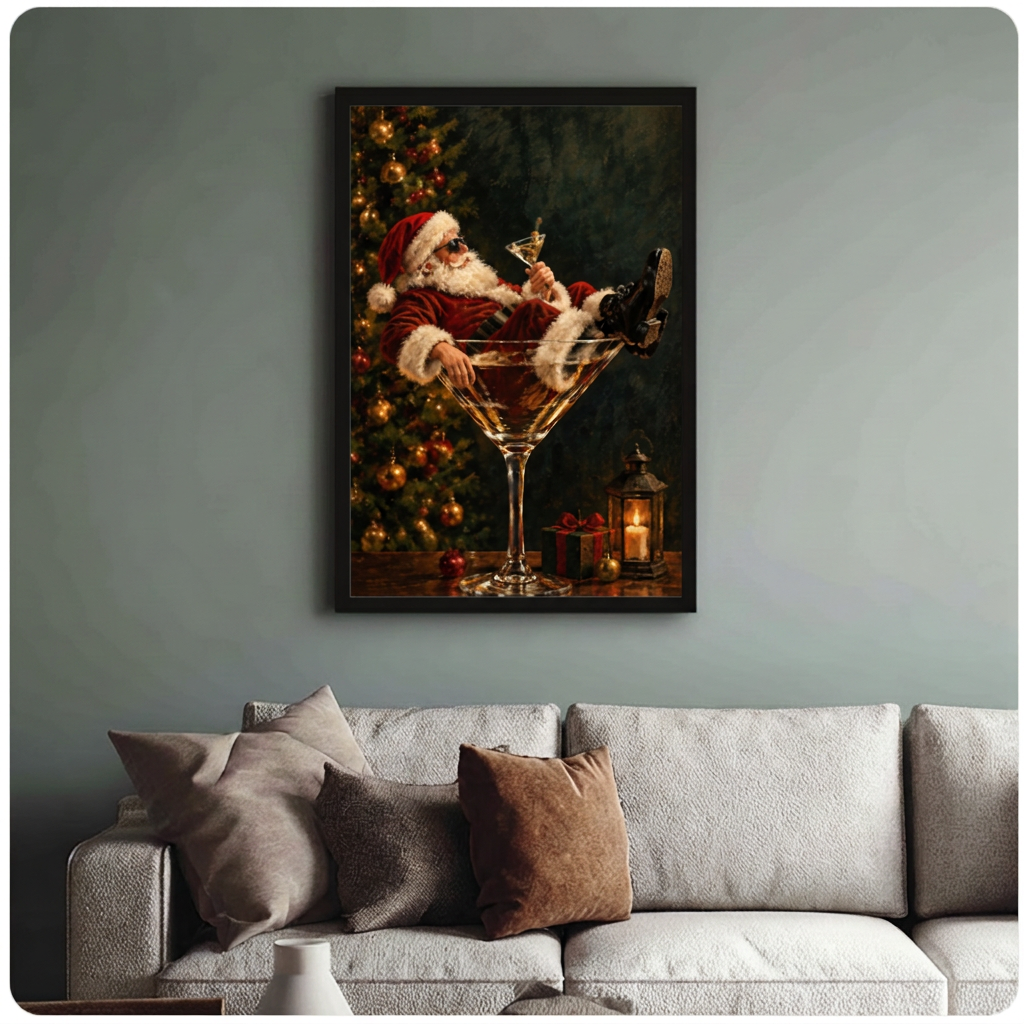 Santa martini glass canvas wall art in a black frame above a neutral living room sofa.
