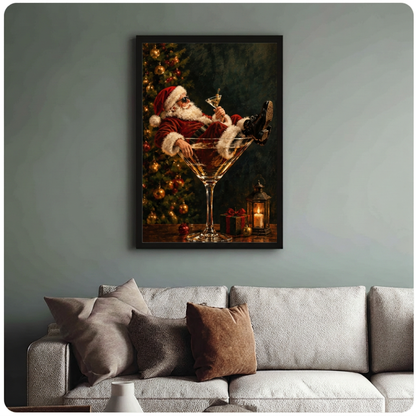 Santa martini glass canvas wall art in a black frame above a neutral living room sofa.