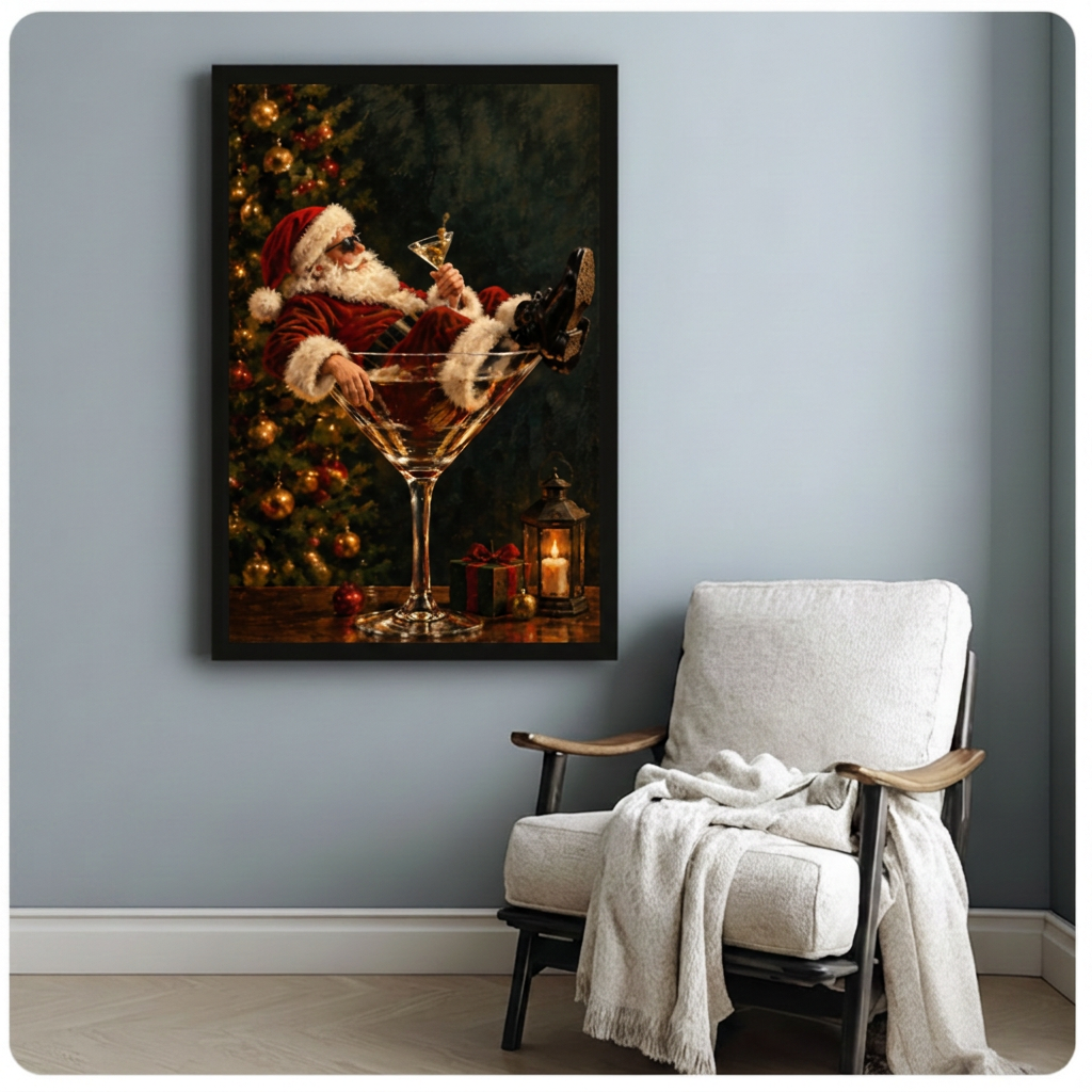 Santa Christmas canvas wall art displayed beside a white armchair against a gray wall.
