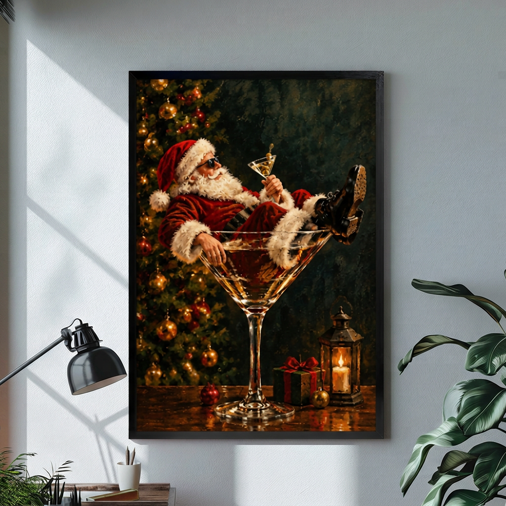 Black framed Santa martini glass wall art beside a desk lamp and leafy green plants.