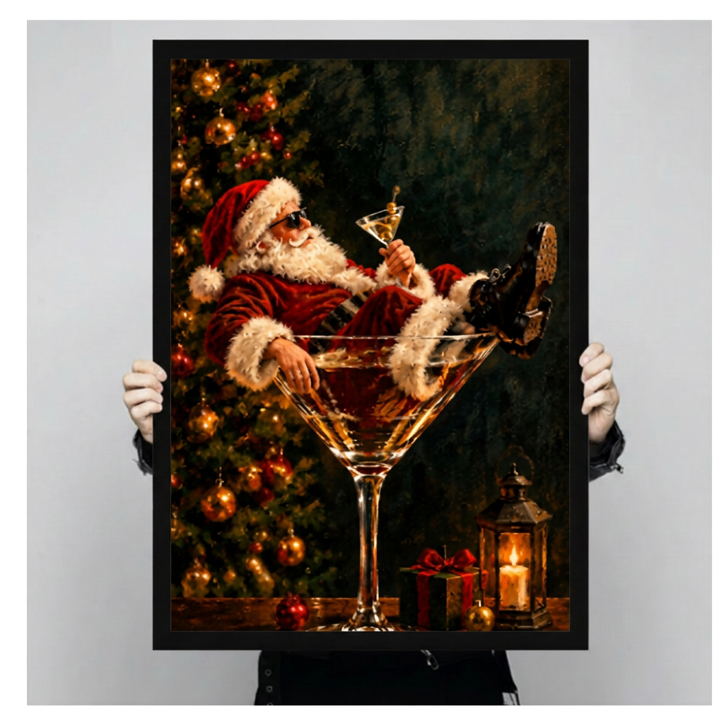 Hands holding black framed Christmas wall art featuring Santa reclining in a giant martini glass.