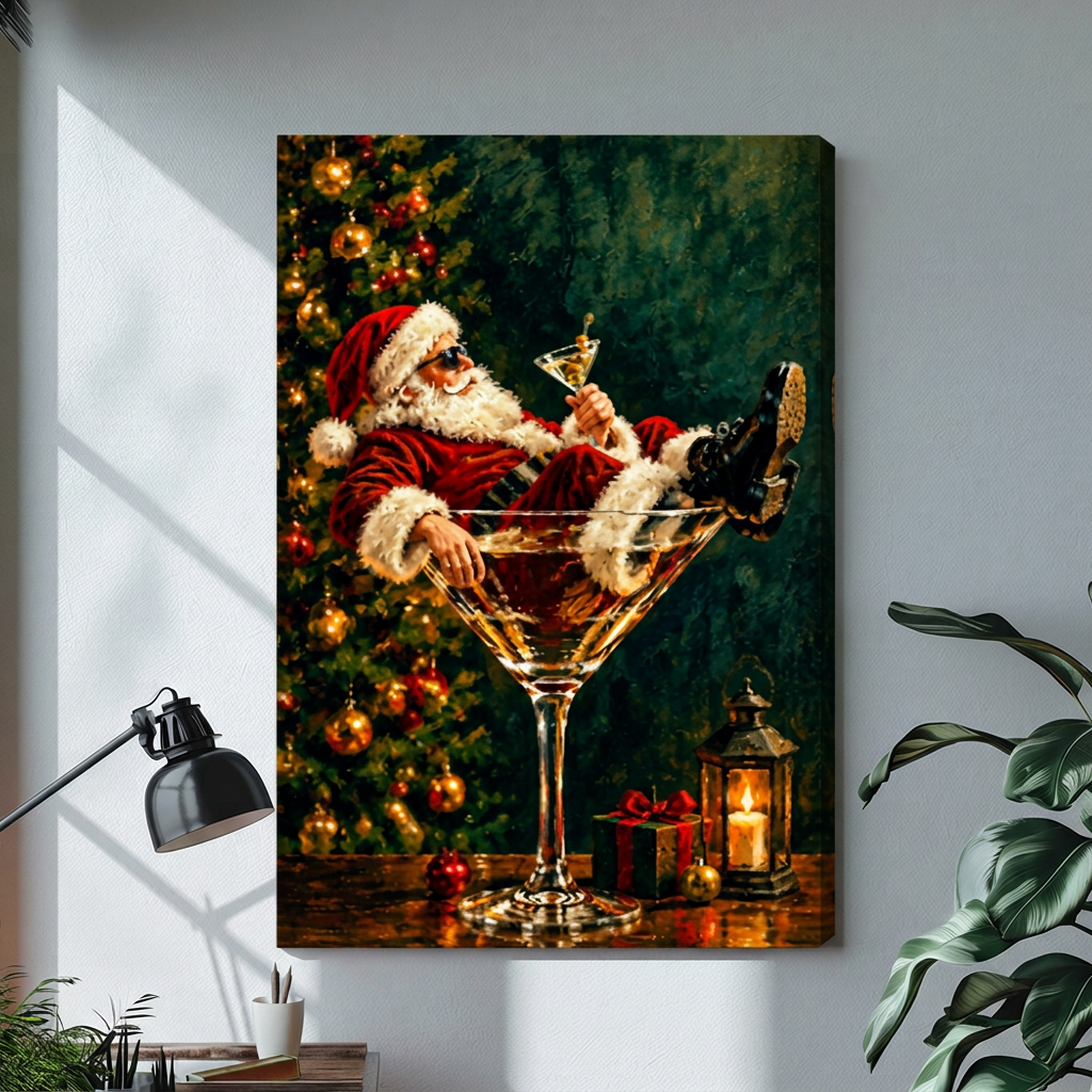 Unframed Santa martini glass Christmas canvas with wrapped edges displayed on a sunlit wall beside plants.