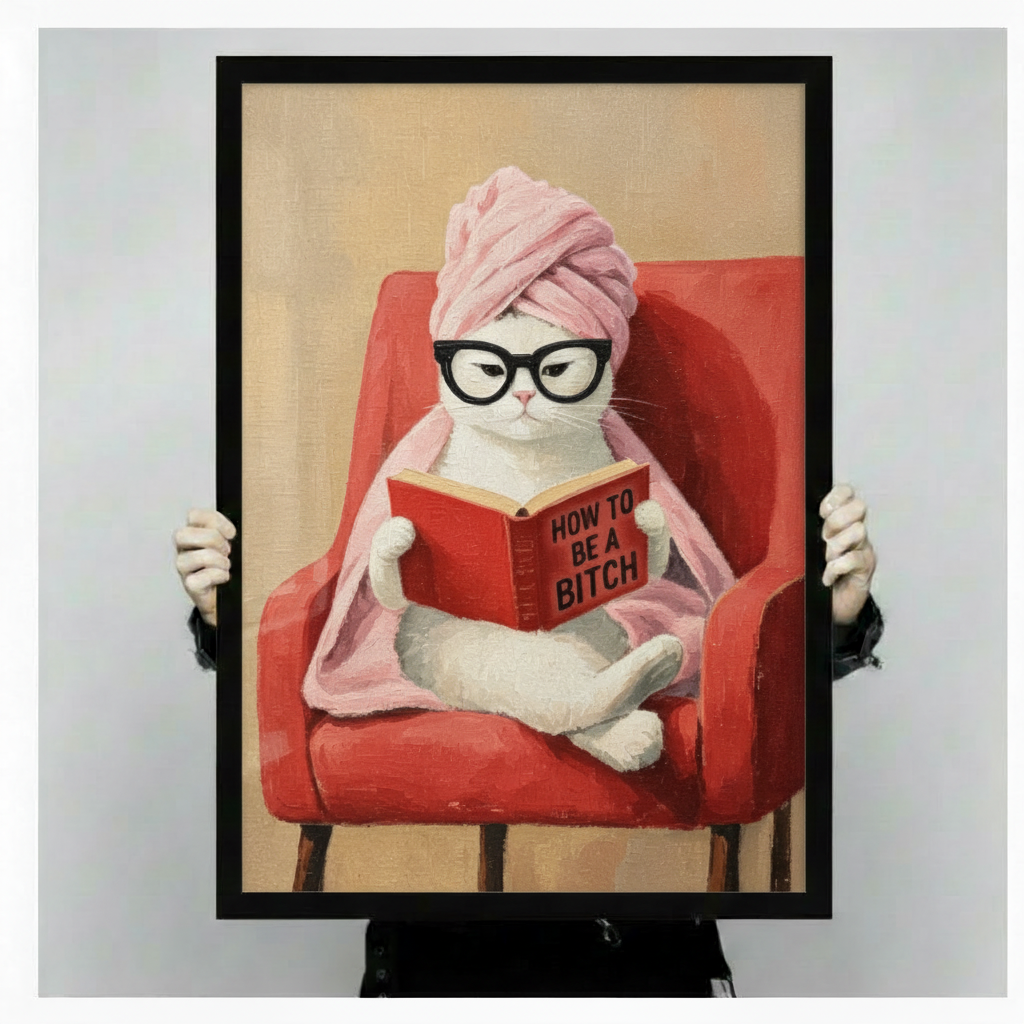 Sassy cat canvas wall art wrap — white cat with towel on head and glasses reading in red armchair, funny home decor